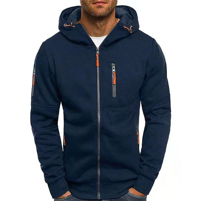 Men's Zip-Up Hoodie with Hood and Multiple Zip Pockets