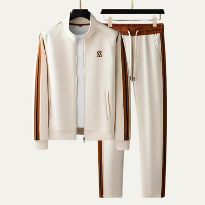 Men's Zip-Up Tracksuit Set with Stand Collar, Side Stripes and Drawstring Joggers