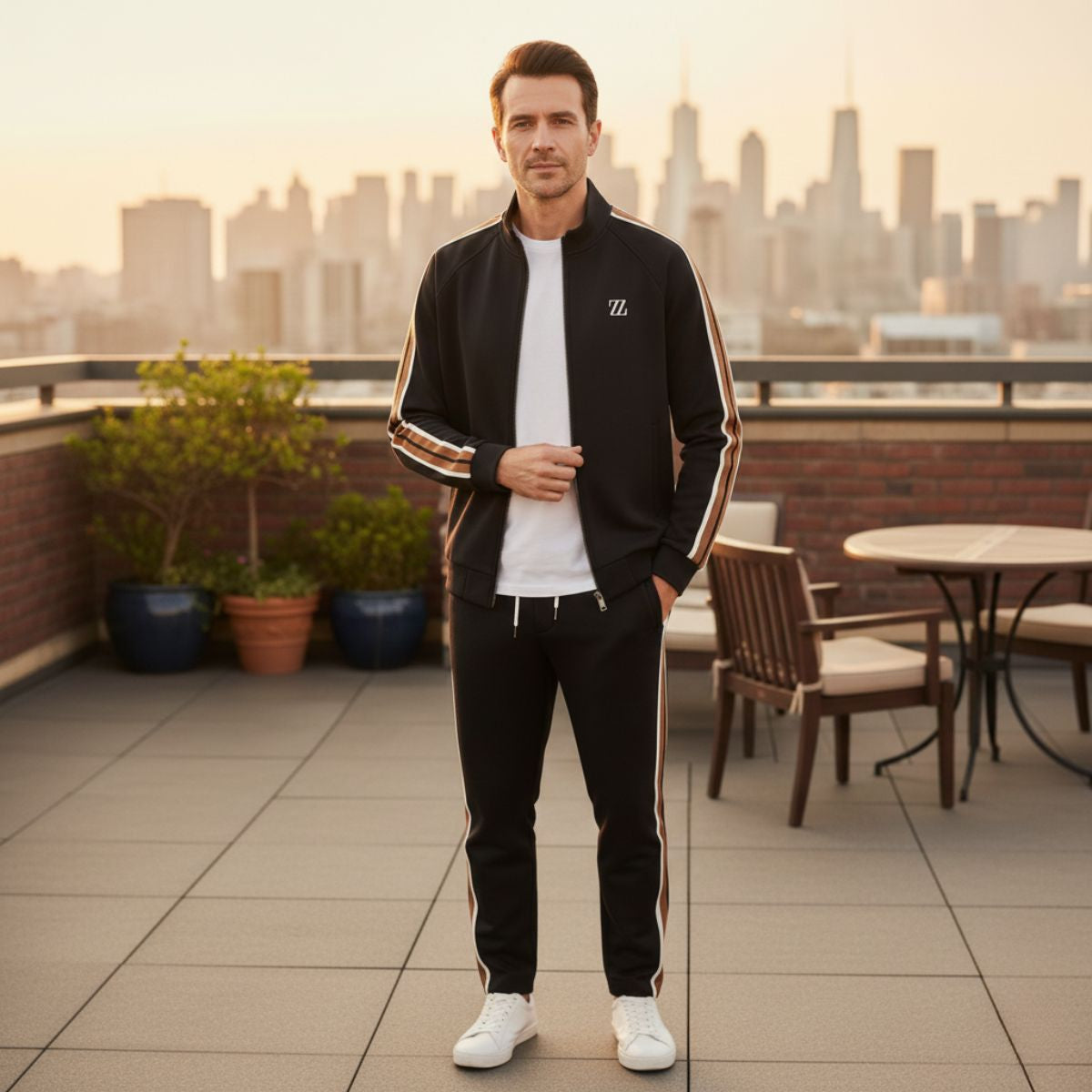 Men's Zip-Up Tracksuit Set with Stand Collar, Side Stripes and Drawstring Joggers