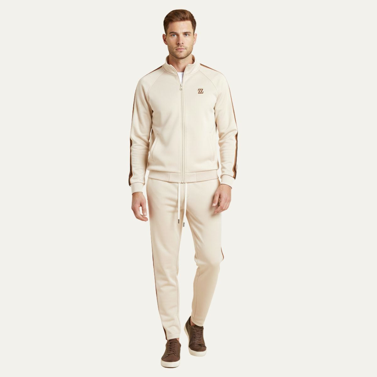Men's Zip-Up Tracksuit Set with Stand Collar, Side Stripes and Drawstring Joggers