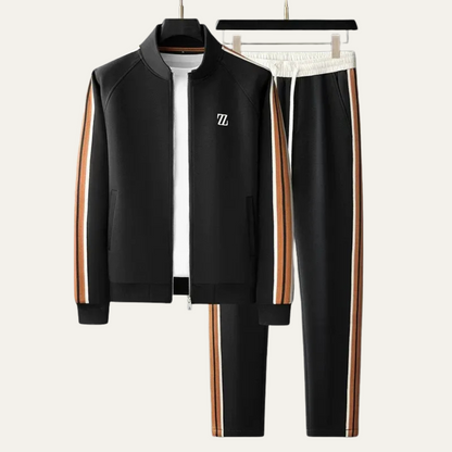 Men's Zip-Up Tracksuit Set with Stand Collar, Side Stripes and Drawstring Joggers