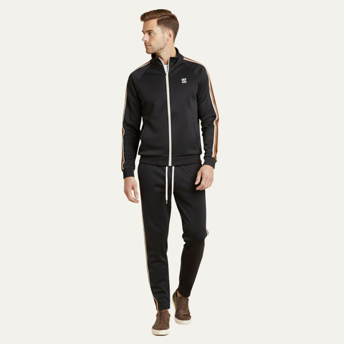 Men's Zip-Up Tracksuit Set with Stand Collar, Side Stripes and Drawstring Joggers