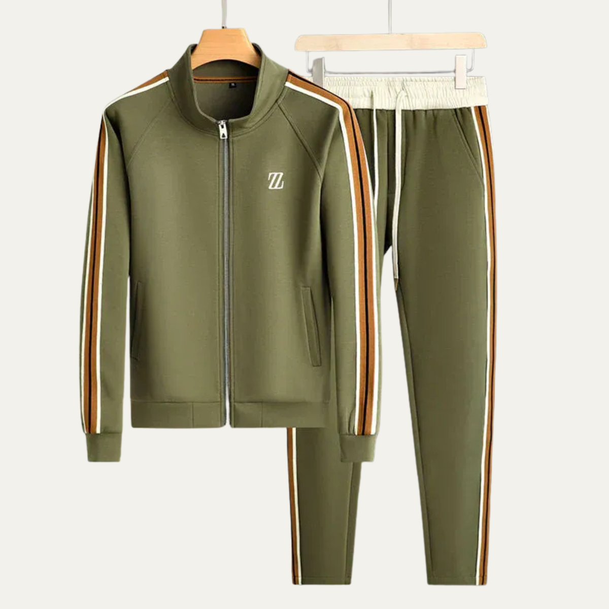 Men's Zip-Up Tracksuit Set with Stand Collar, Side Stripes and Drawstring Joggers