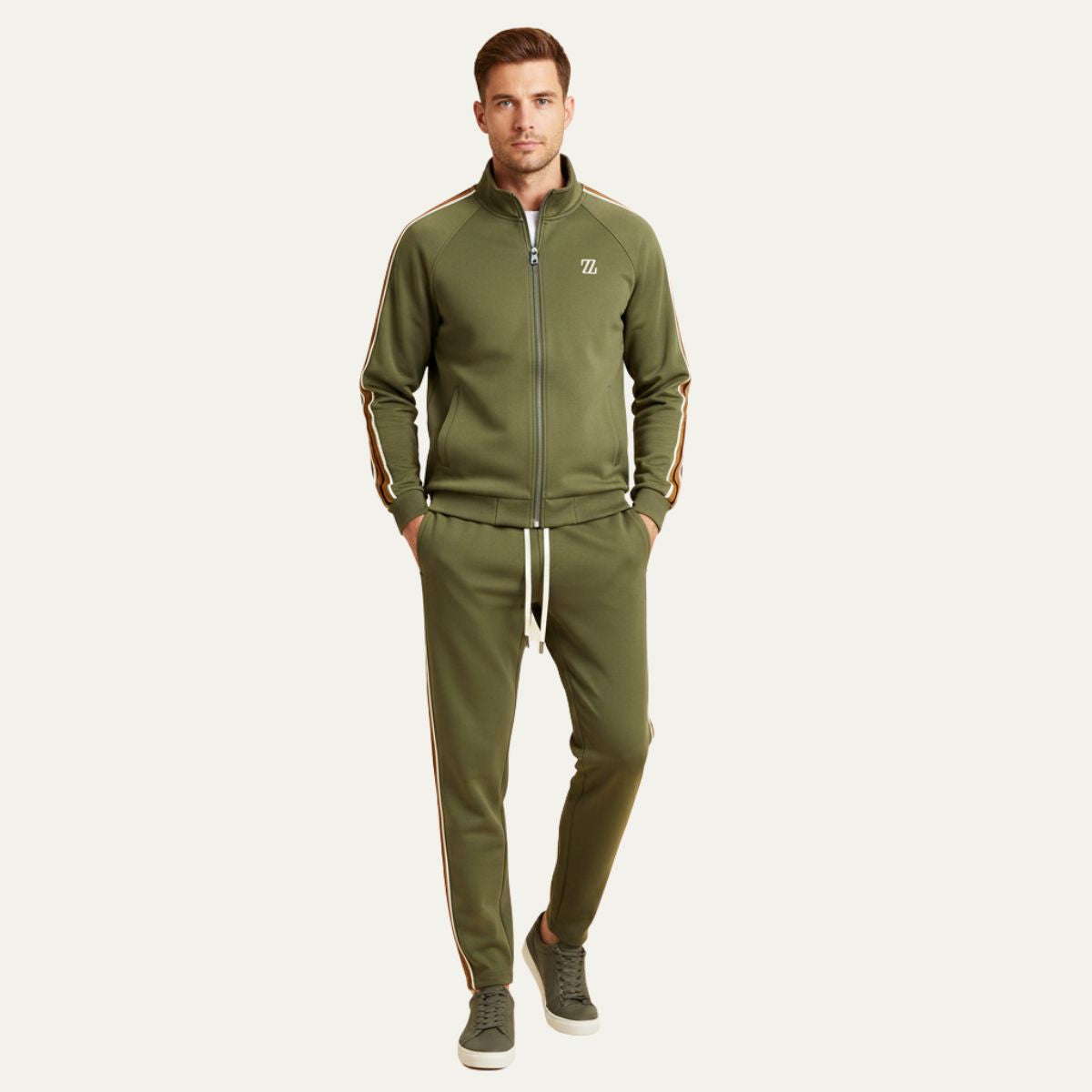 Men's Zip-Up Tracksuit Set with Stand Collar, Side Stripes and Drawstring Joggers