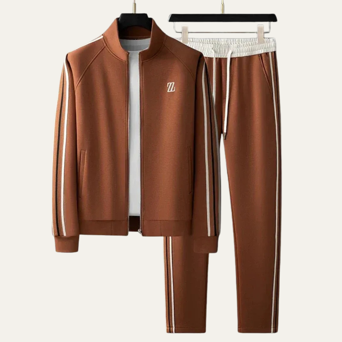 Men's Zip-Up Tracksuit Set with Stand Collar, Side Stripes and Drawstring Joggers