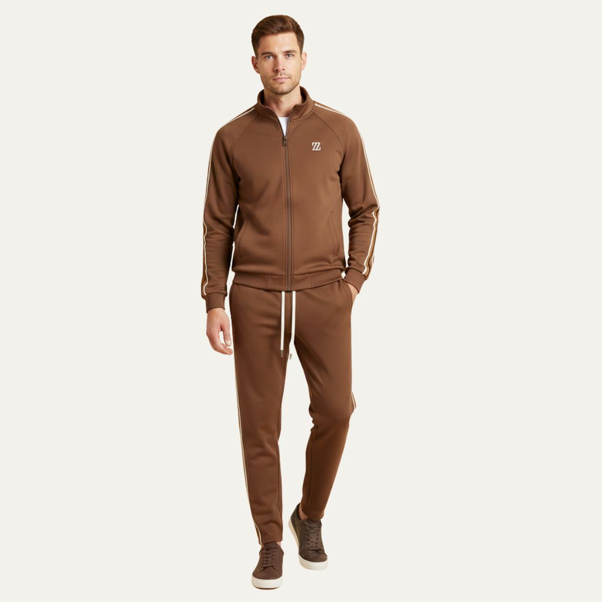 Men's Zip-Up Tracksuit Set with Stand Collar, Side Stripes and Drawstring Joggers