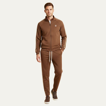 Men's Zip-Up Tracksuit Set with Stand Collar, Side Stripes and Drawstring Joggers