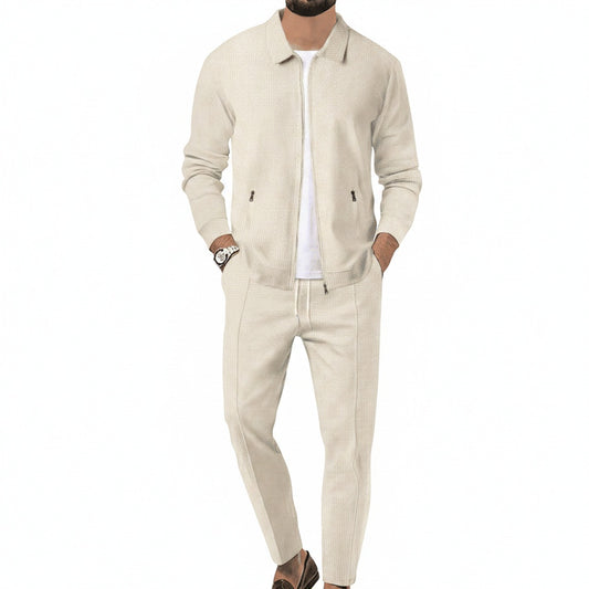 Men's Zip-Up Tracksuit Set with Tapered Fit and Collar