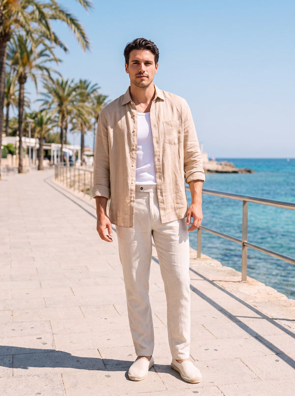 Man in a linen shirt on a coastal promenade