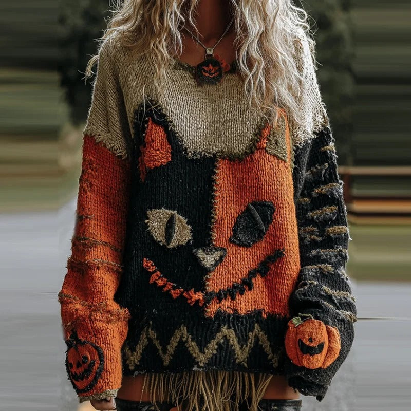 Unisex Halloween Sweater with Round Neck and Spooky Graphic Print