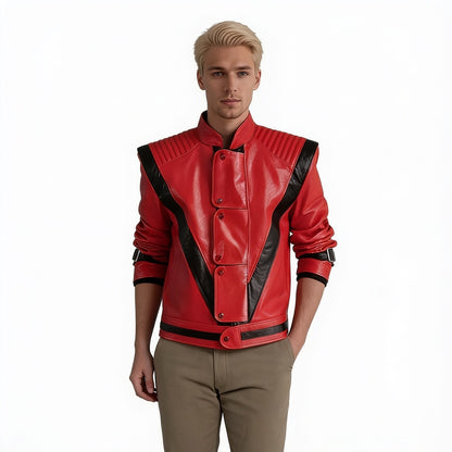 Unisex Halloween Thriller Faux Leather Jacket with Stand-up Collar and Black Stripe Detail