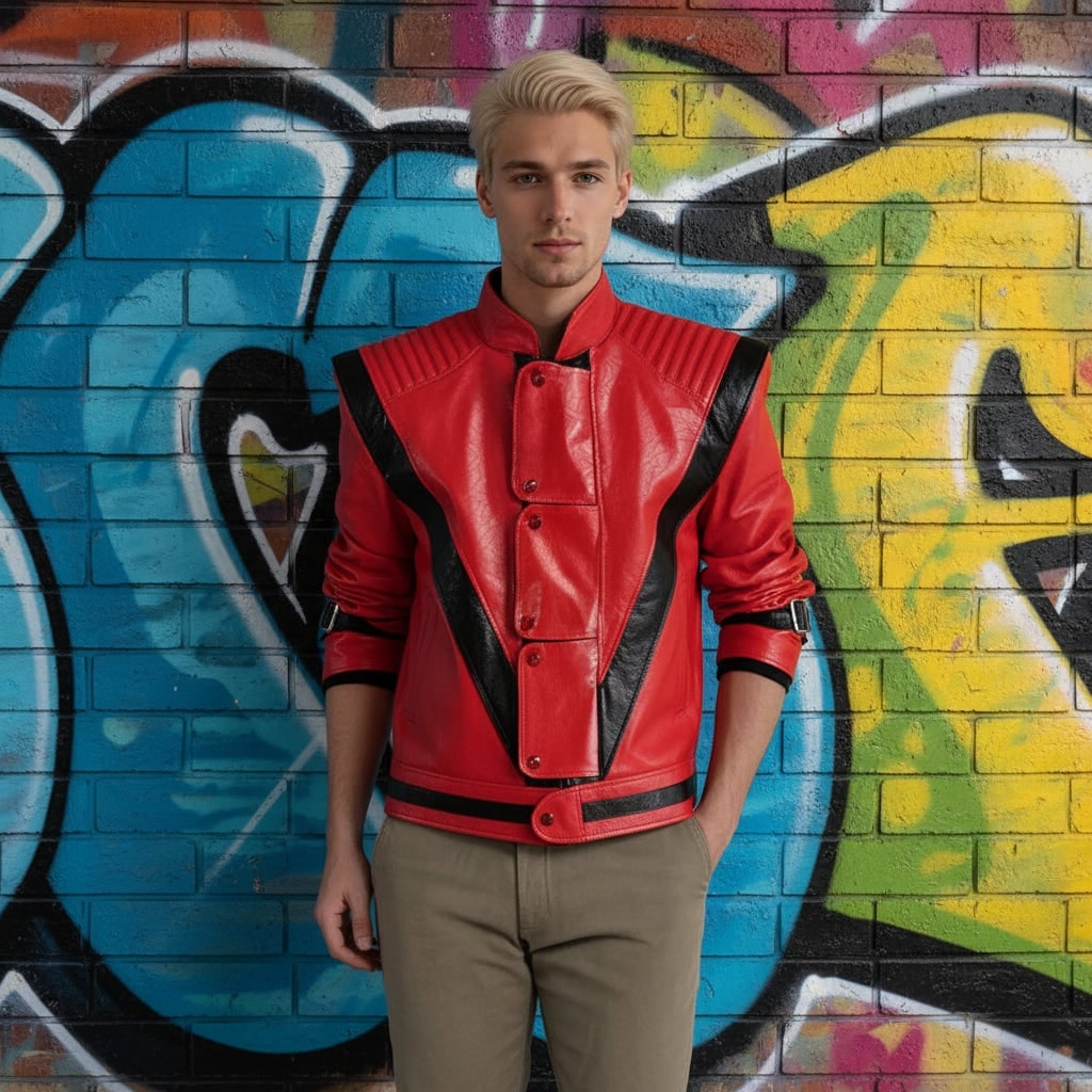 Unisex Halloween Thriller Faux Leather Jacket with Stand-up Collar and Black Stripe Detail