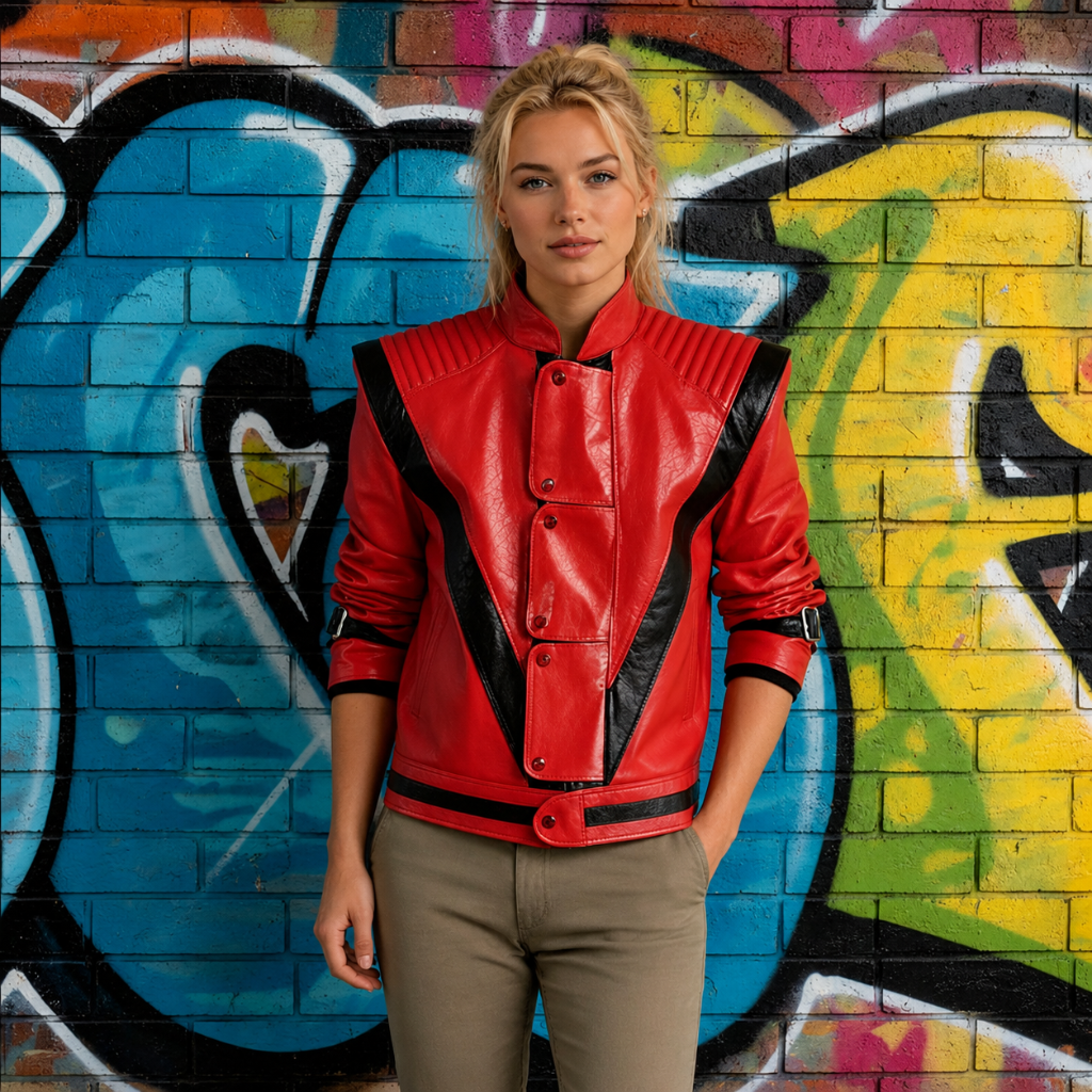 Unisex Halloween Thriller Faux Leather Jacket with Stand-up Collar and Black Stripe Detail