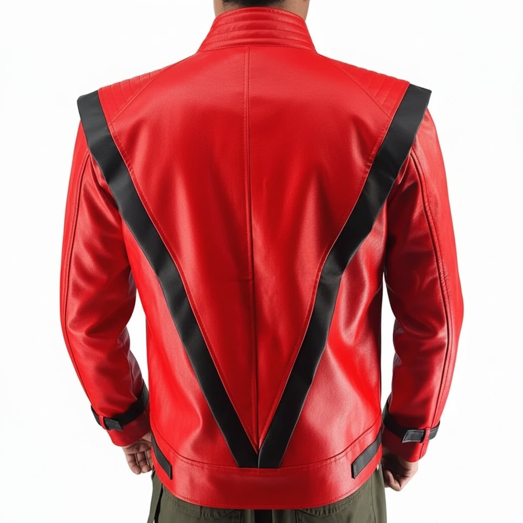 Unisex Halloween Thriller Faux Leather Jacket with Stand-up Collar and Black Stripe Detail