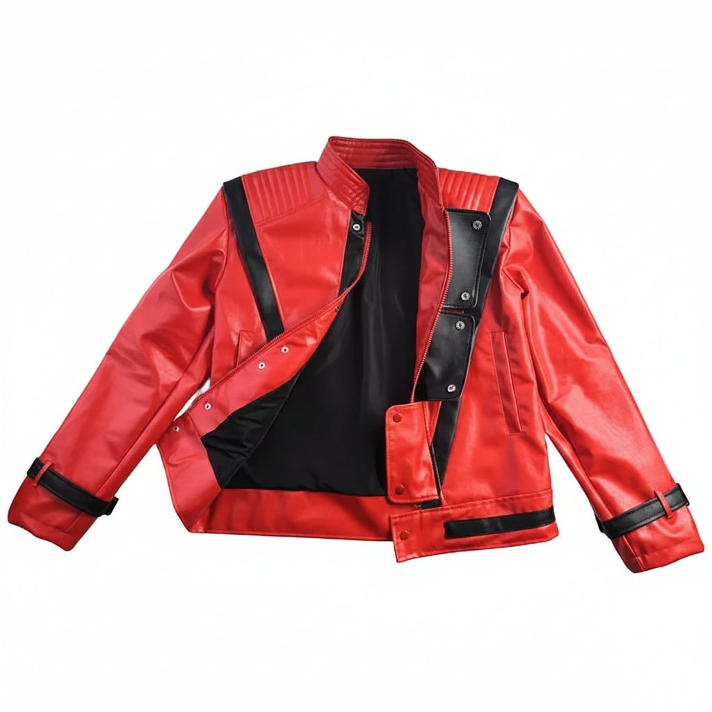 Unisex Halloween Thriller Faux Leather Jacket with Stand-up Collar and Black Stripe Detail