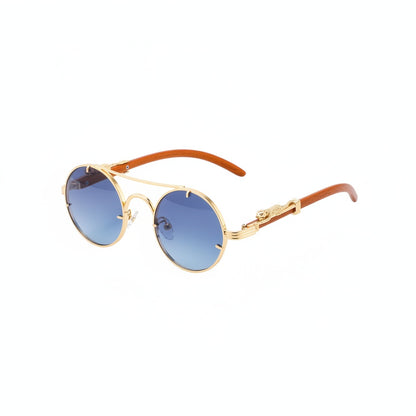 Unisex Round Sunglasses with Double Bridge and Leopard Detail