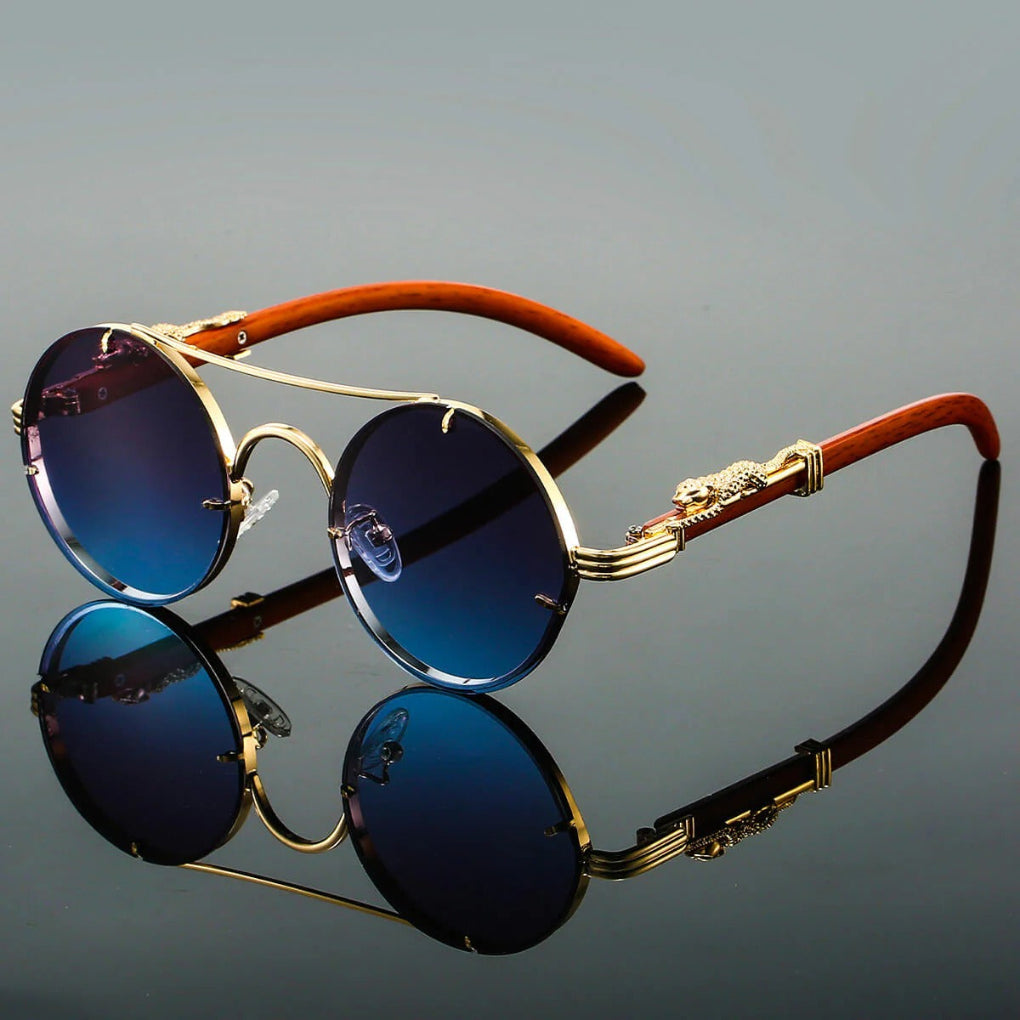 Unisex Round Sunglasses with Double Bridge and Leopard Detail