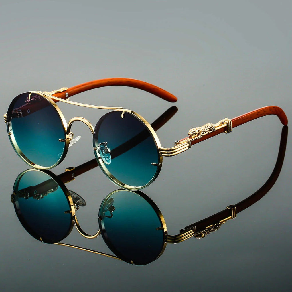 Unisex Round Sunglasses with Double Bridge and Leopard Detail