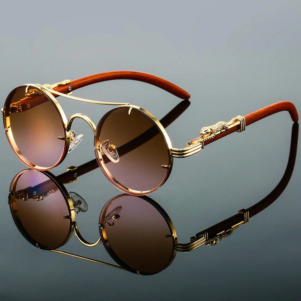 Unisex Round Sunglasses with Double Bridge and Leopard Detail
