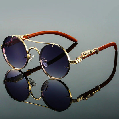 Unisex Round Sunglasses with Double Bridge and Leopard Detail