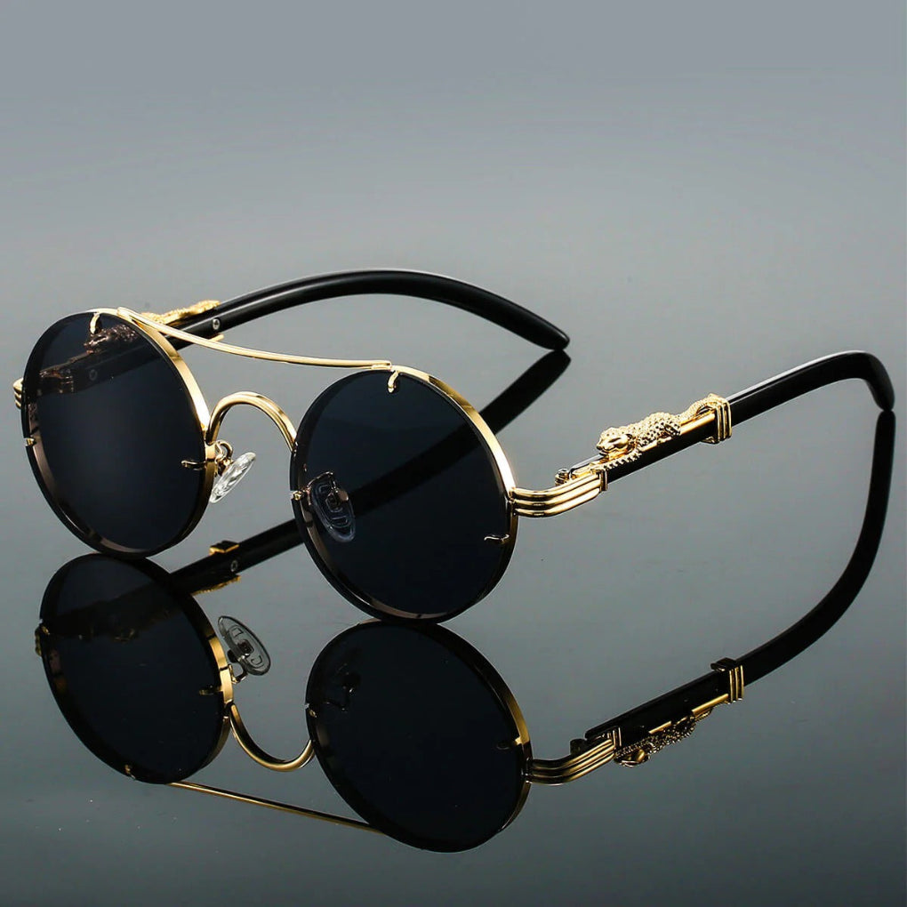 Unisex Round Sunglasses with Double Bridge and Leopard Detail
