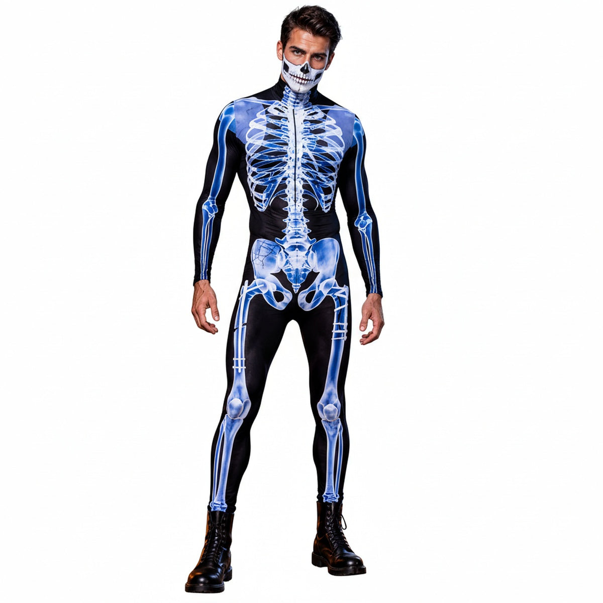 Unisex Skeleton Halloween Jumpsuit Long Sleeve with Zip and High Neck