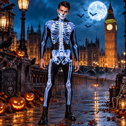Unisex Skeleton Halloween Jumpsuit Long Sleeve with Zip and High Neck