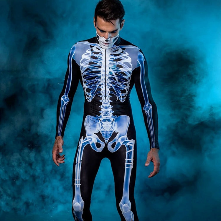 Unisex Skeleton Halloween Jumpsuit Long Sleeve with Zip and High Neck