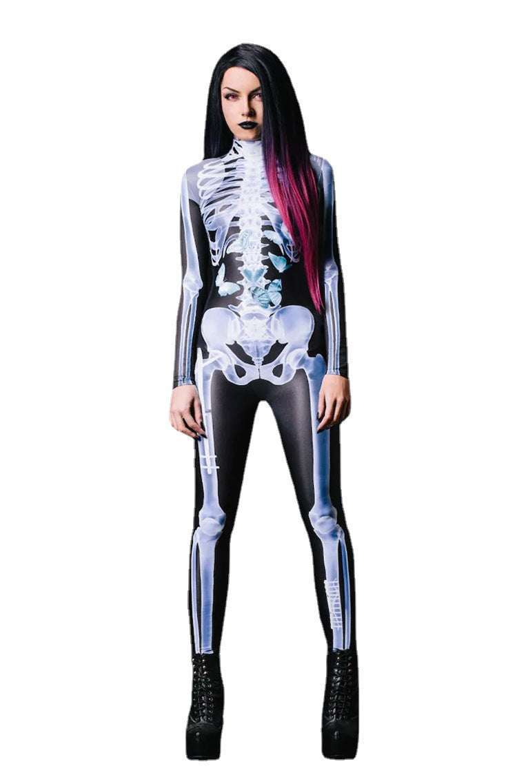 Unisex Skeleton Halloween Jumpsuit Long Sleeve with Zip and High Neck