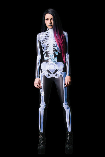 Unisex Skeleton Halloween Jumpsuit Long Sleeve with Zip and High Neck